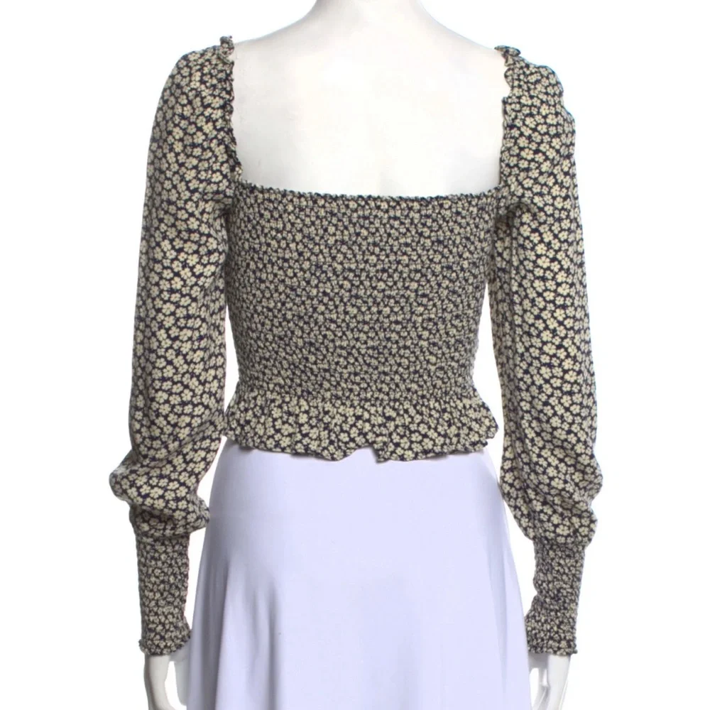 Reformation Navy and Cream Floral Smocked Long-Sleeve Crop Top